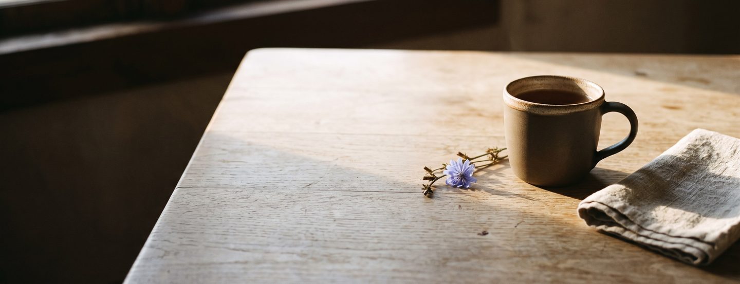 A worn oak kitchen table in low morning sunlight. A plain stoneware mug of dark brown brew sits to the right beside a folded linen cloth, with a sprig of dried chicory and its pale blue flower lying on the wood. The left of the frame falls away into shadow.