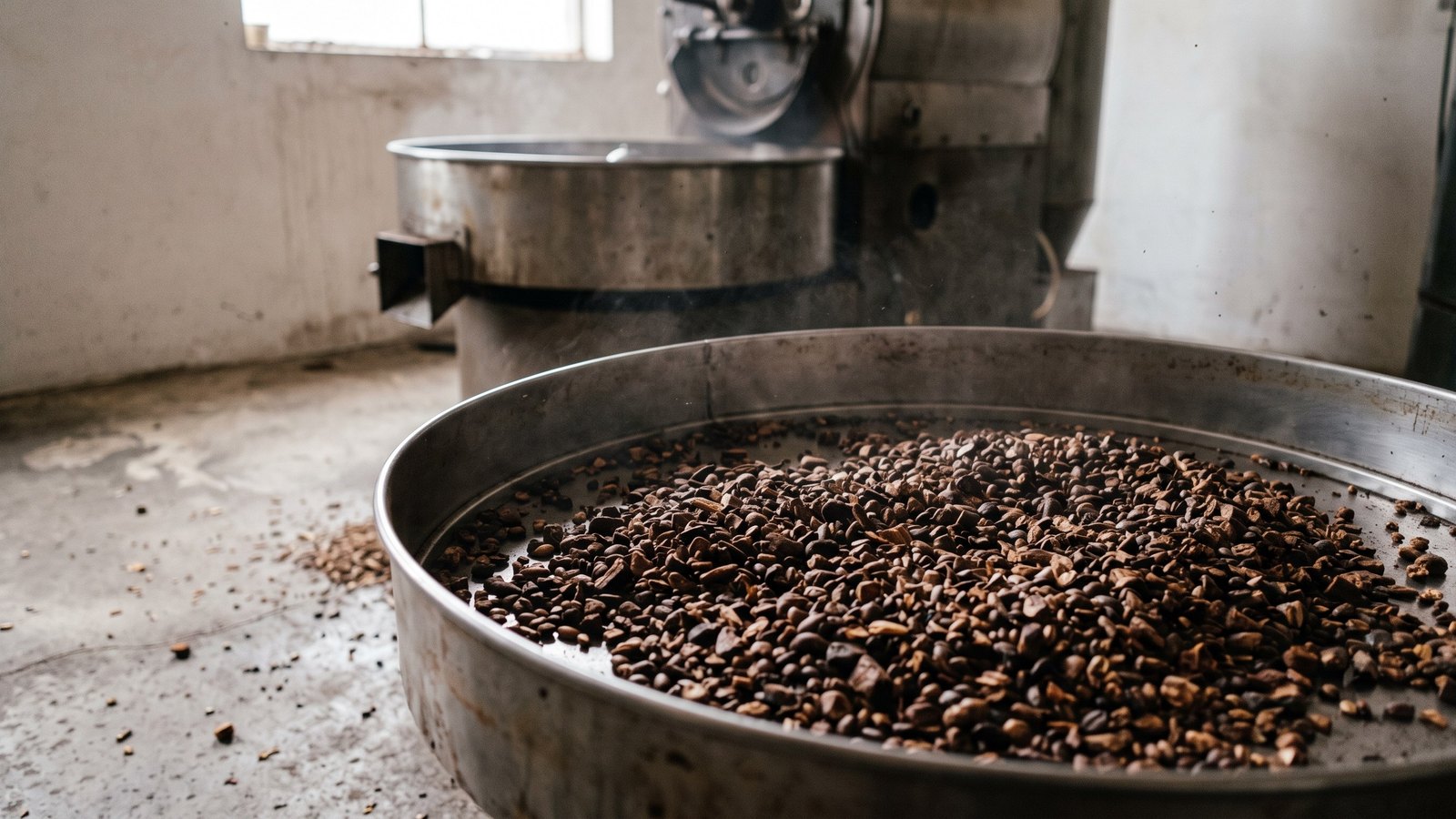 A wide steel cooling tray heaped with coarsely broken dark-roasted material, still settling, in an empty roasting workshop with bare concrete, scattered chaff and daylight from a high window