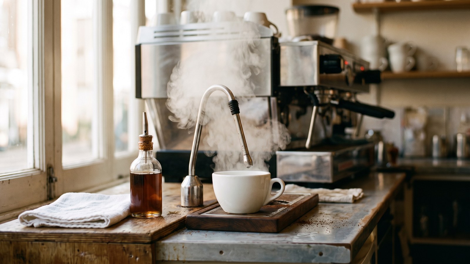 A steam wand releasing a burst of steam over a plain ceramic cup on a coffee bar counter, warm morning light, a small unmarked glass syrup bottle and a folded cloth nearby, no branding or signage visible