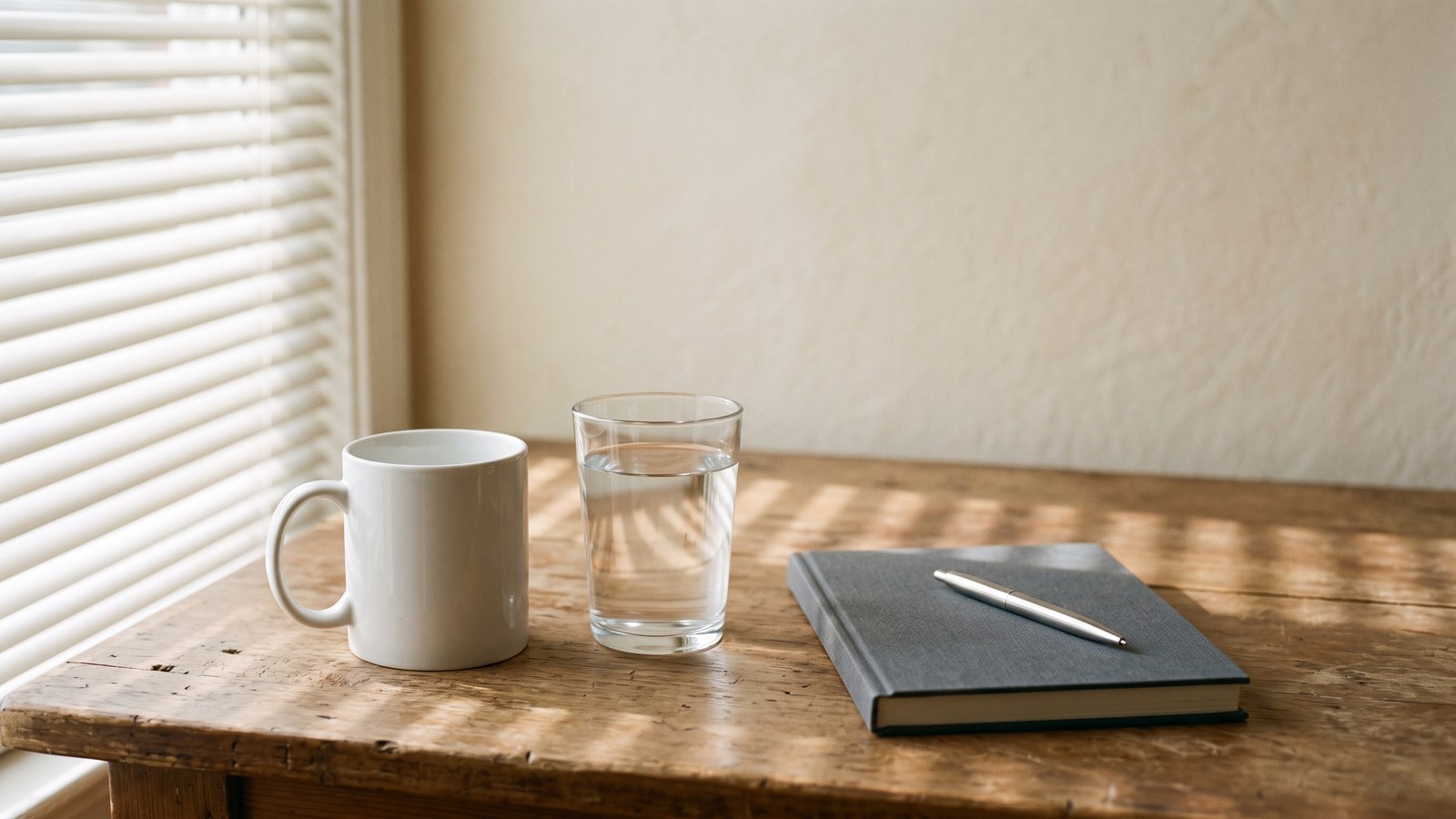 A plain white mug and a glass of water side by side on a home desk at early morning light, beside a closed blank notebook, no people, no medication, no branding