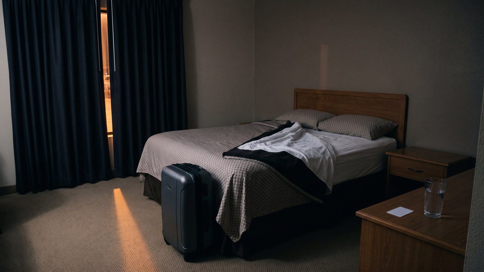 A dim hotel room before dawn, entirely empty of people. A neatly made bed with one corner pulled back but not slept in, blackout curtains mostly closed with a thin blade of orange parking-lot light cutting across the carpet, a closed suitcase standing near the foot of the bed, a glass of water and a blank key card on the nightstand