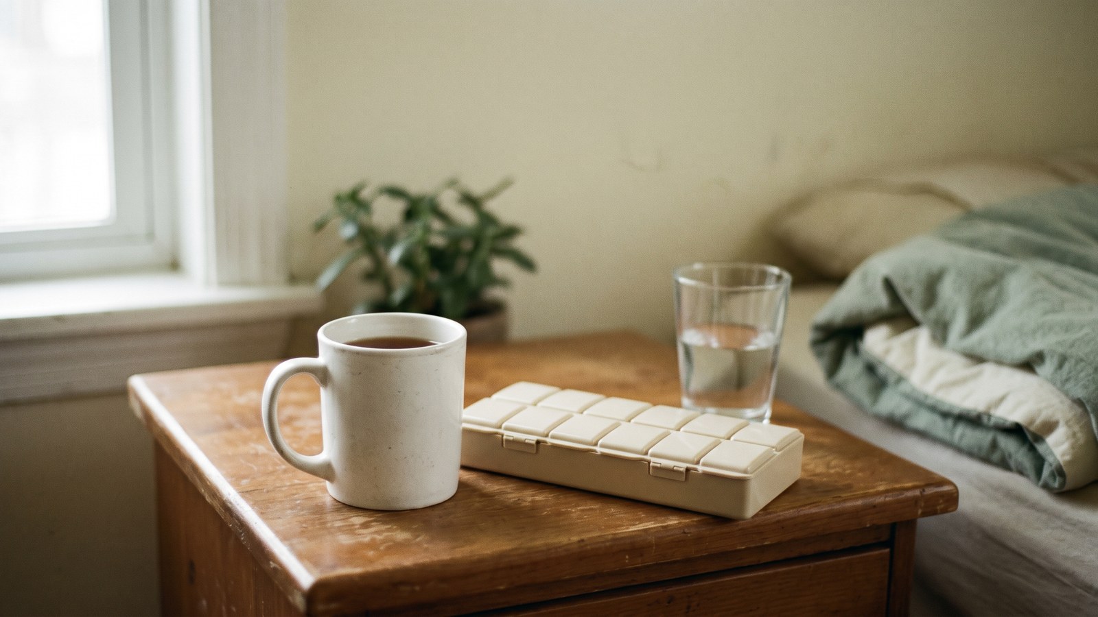 A plain white ceramic mug of coffee beside a blank, unlabeled pill organizer on a wooden nightstand in soft morning light, with a glass of water nearby