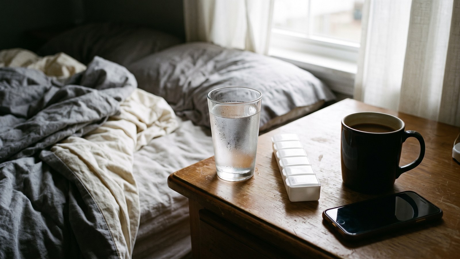 A nightstand in soft morning light: a glass of water, a plain unmarked weekly pill organizer, a dark mug of coffee, and a phone face-up but dark, beside a rumpled blanket