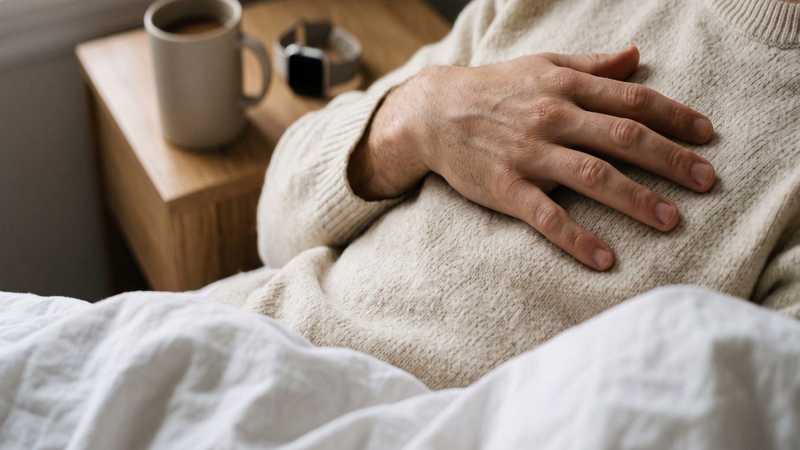 A close photograph of a person's hand resting flat against their own chest over a soft cream sweater, with a mug of dark coffee and a blank-screened fitness watch blurred on a nightstand behind them