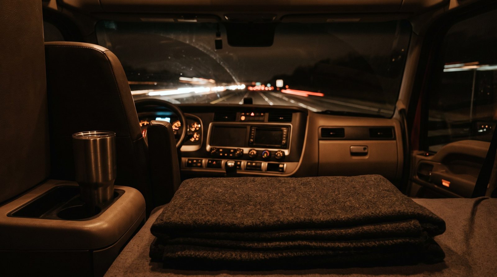 The dark interior of a parked truck cab at night seen from the sleeper berth, headlights of passing traffic blurred through the windshield, a folded blanket and an empty steel mug in a cup holder, no people in frame