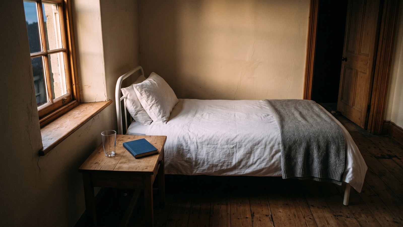 A single made bed with white linen and a grey blanket in a quiet room at dusk, beside a wooden nightstand holding an empty glass and a closed blue book