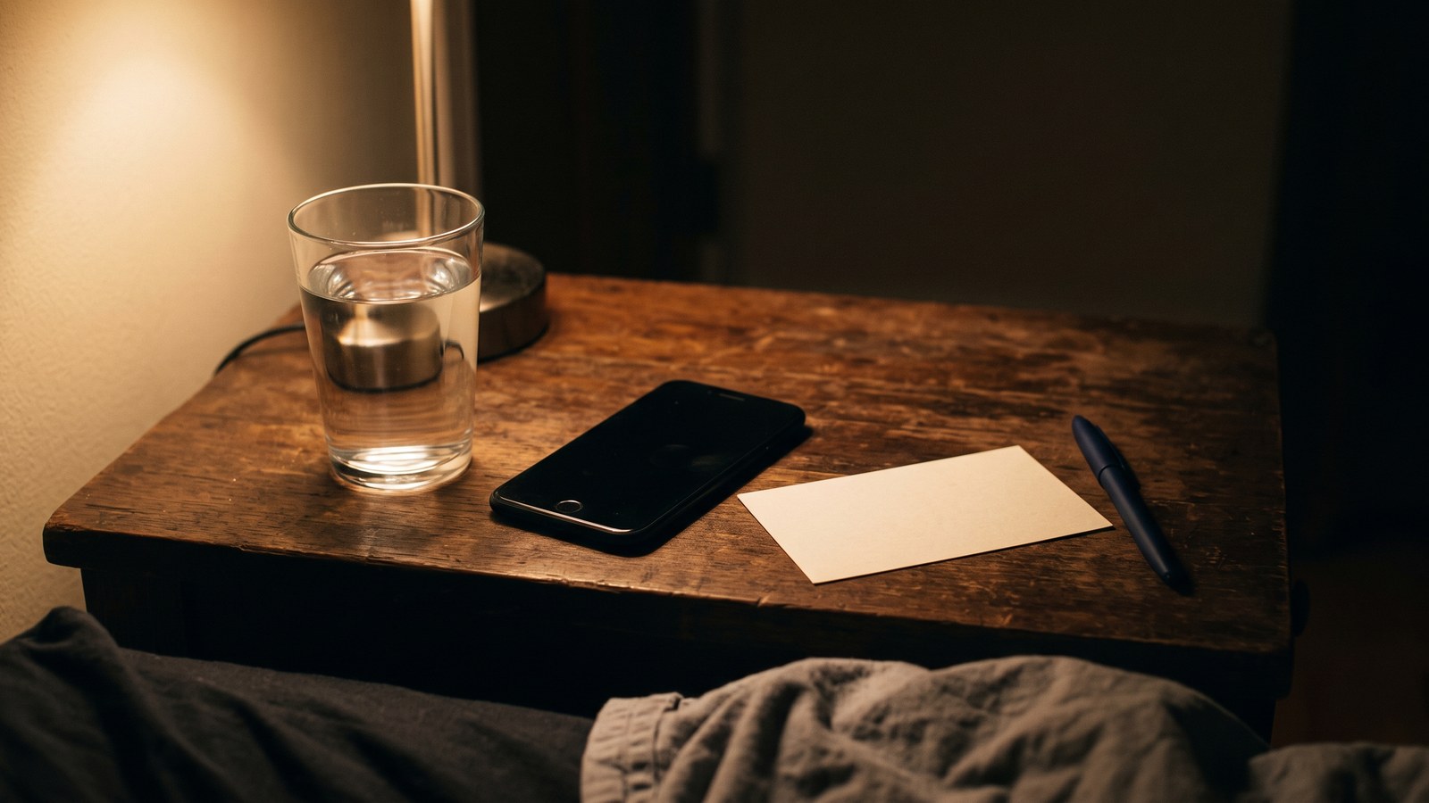 A dim bedroom nightstand at night: a full glass of water catching lamp light, a phone lying face-down, a blank index card and pen beside it, one corner of a rumpled blanket, everything else soft shadow