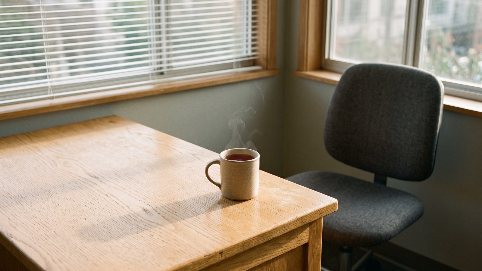 A bare corner of a light oak office desk beside a window in late afternoon. One plain oatmeal stoneware mug of dark brew sits alone on the wood with a faint curl of steam. Long low shadows stretch across the empty desk surface and an empty charcoal office chair is turned slightly away.