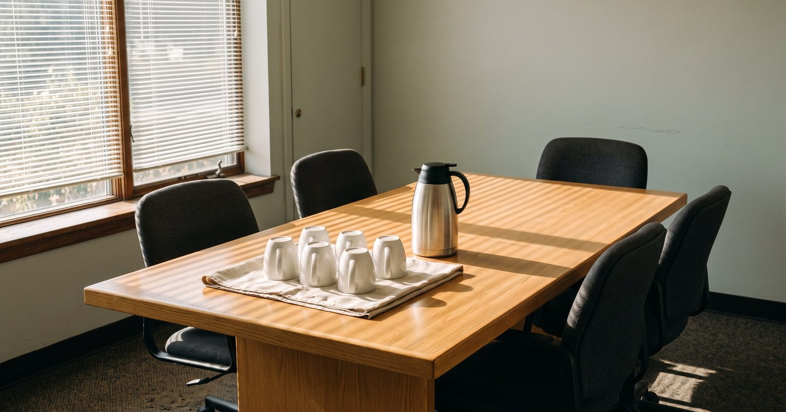 A deserted office meeting room in mid-afternoon. Low sun through thin white venetian blinds throws hard stripes of light across a plain light oak table. Plain white ceramic cups stand upside down on a folded linen cloth beside an unmarked stainless vacuum carafe. Empty charcoal chairs are pushed in around the table.
