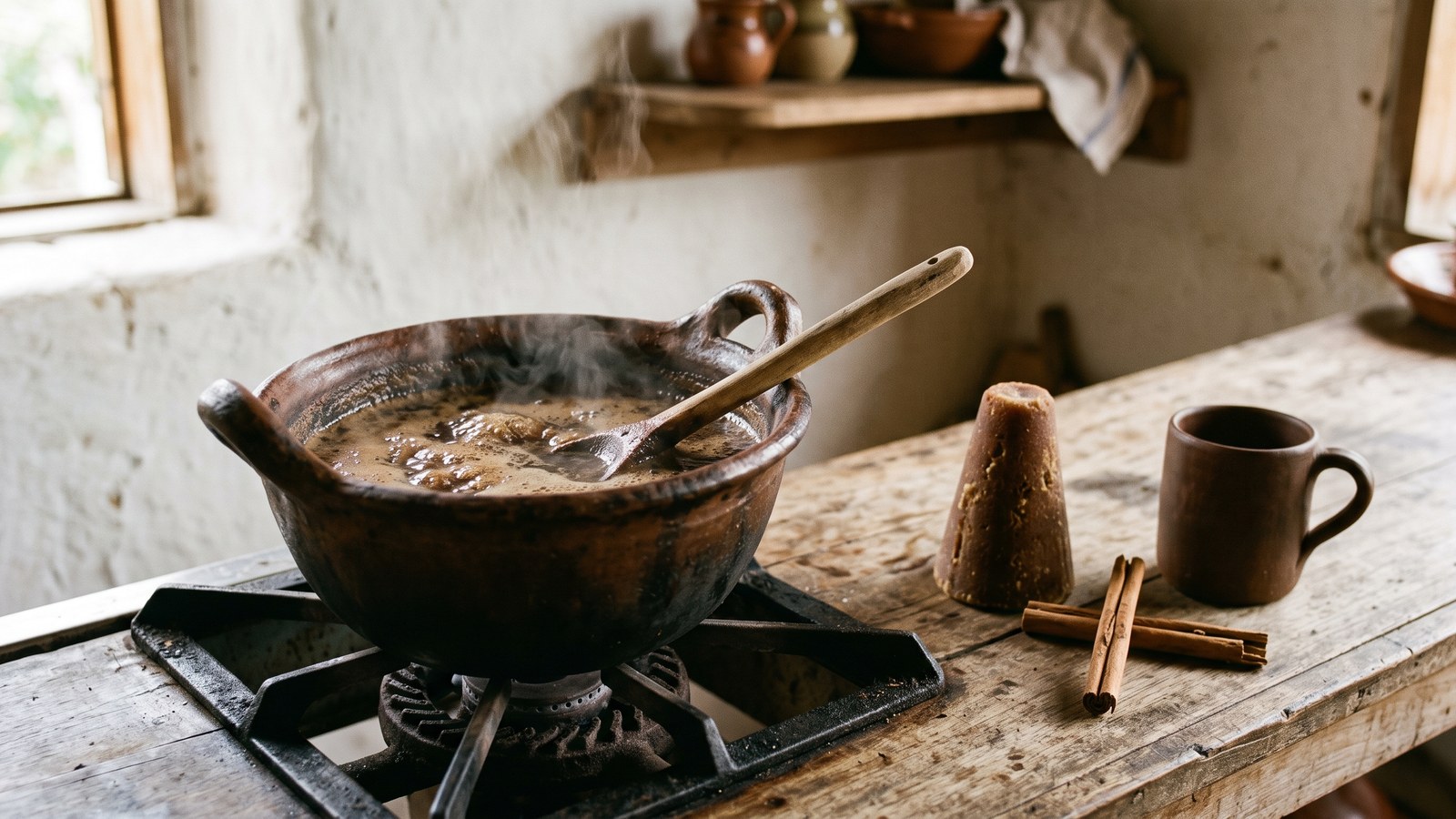 A dark earthenware pot of steaming brew with a wooden spoon on a small stove, beside a cone of brown sugar, two cinnamon sticks and an empty clay mug on a worn wooden counter