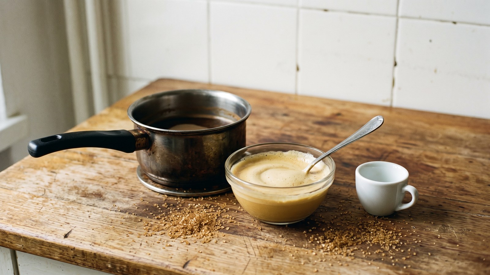 A worn wooden counter with a small saucepan, a glass bowl of pale creamy sugar foam with a spoon in it, an empty white demitasse cup and loose brown sugar crystals