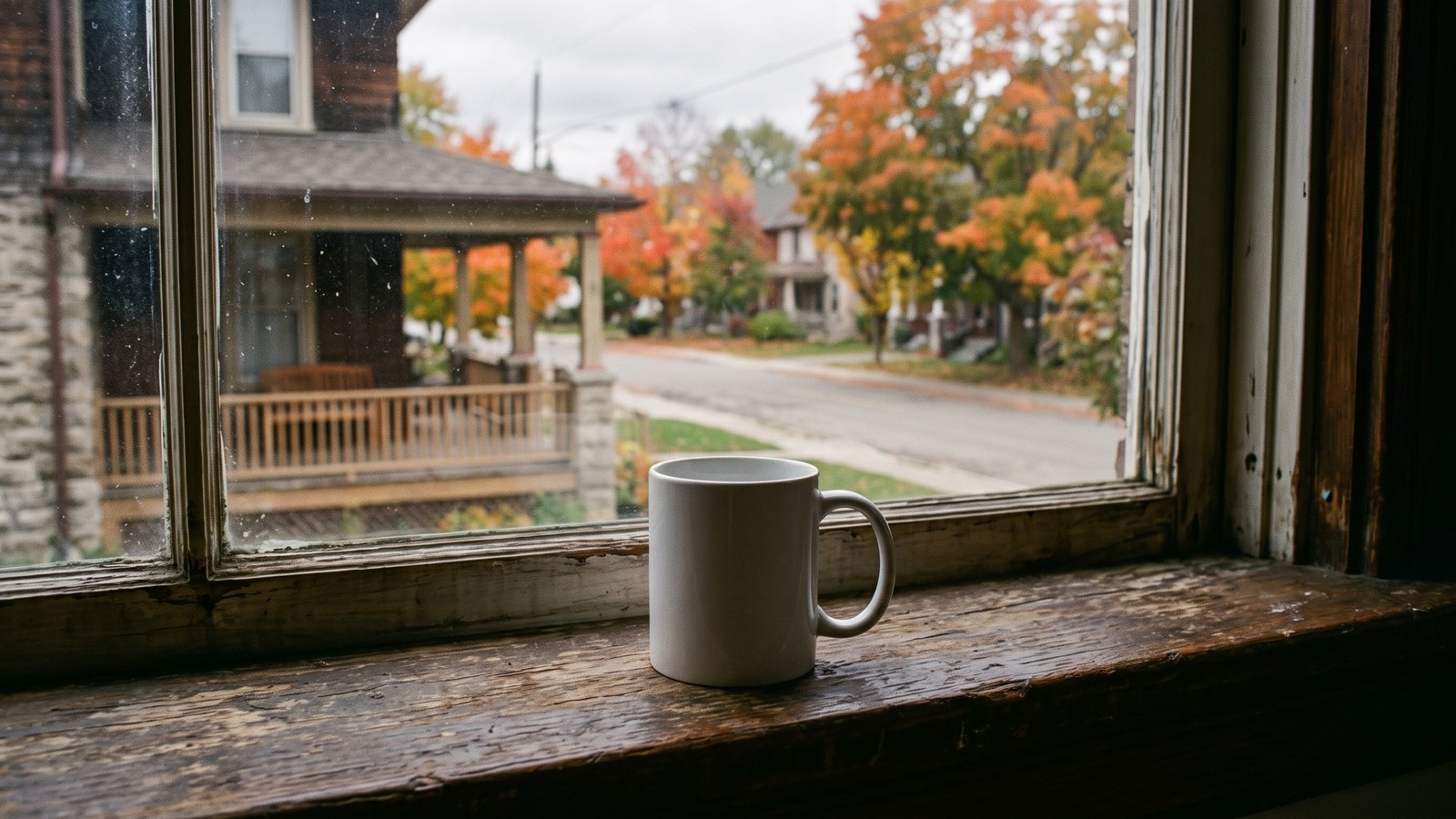 An empty white ceramic mug on a worn wooden windowsill, looking out at a quiet residential street lined with maple trees turning orange at the start of autumn.
