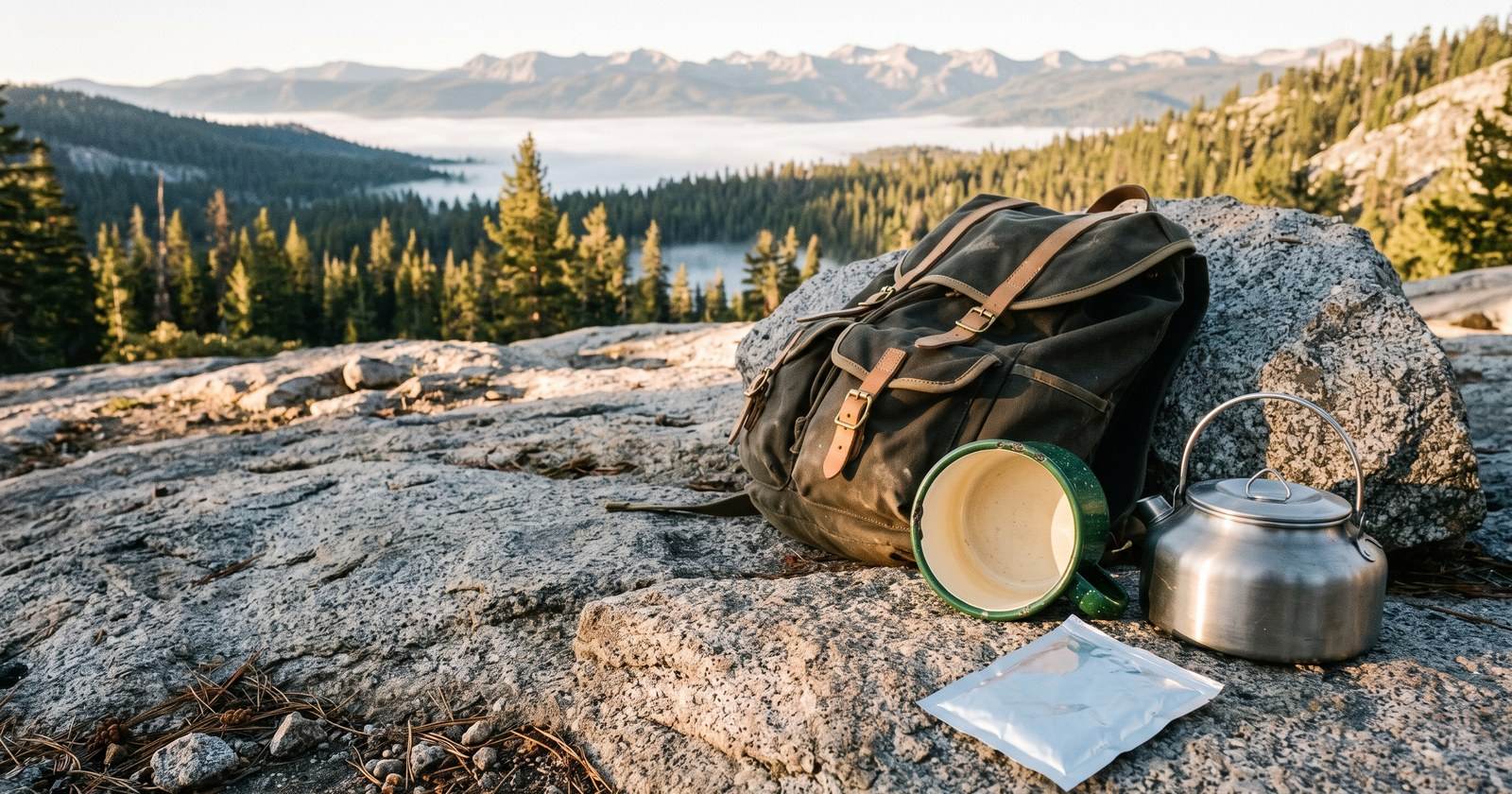 An empty enamel camp mug, a blank steel kettle, a worn canvas backpack, and an unmarked foil sachet packet on a granite outcrop above a fog-filled mountain valley at dawn