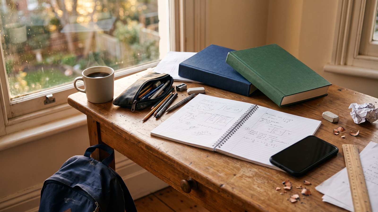A study desk in late-afternoon light: an open spiral notebook filled with handwritten math notes, two closed textbooks stacked at an angle, a well-worn pencil case spilling pens and pencils, a plain mug of dark warm liquid with steam rising, a face-down phone, and a backpack hanging off the chair