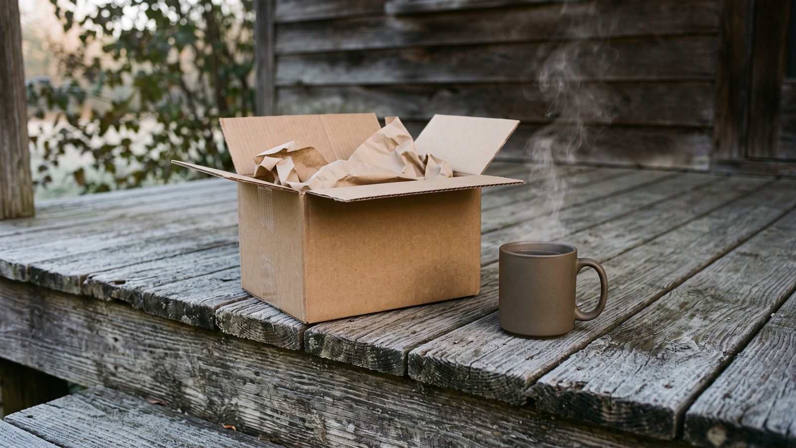 An unmarked cardboard box, flaps open with plain kraft paper inside, sitting on a weathered wooden porch step at dawn beside a steaming ceramic mug, no labels or logos visible