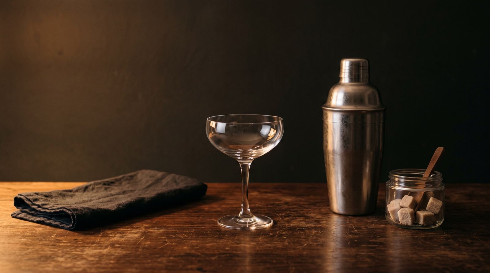 An empty stemmed coupe glass on a dark worn wooden counter beside a steel cocktail shaker, a folded dark cloth, and a small glass jar of brown sugar cubes with a wooden spoon, lit by a single warm lamp