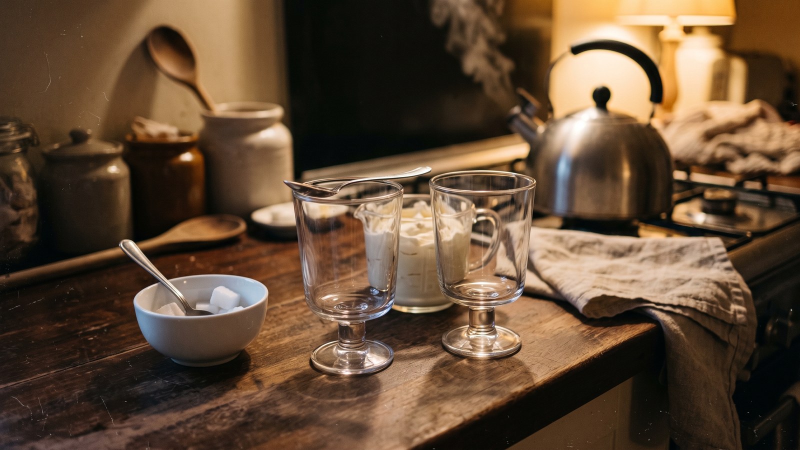 A dim, warm kitchen counter set up for making a warm layered drink: two empty footed glass goblets beside a small white ceramic bowl of sugar cubes with a spoon, a small glass jug of lightly whipped cream with a spoon resting across one glass, and a plain metal kettle with a wisp of steam in the softly lit background