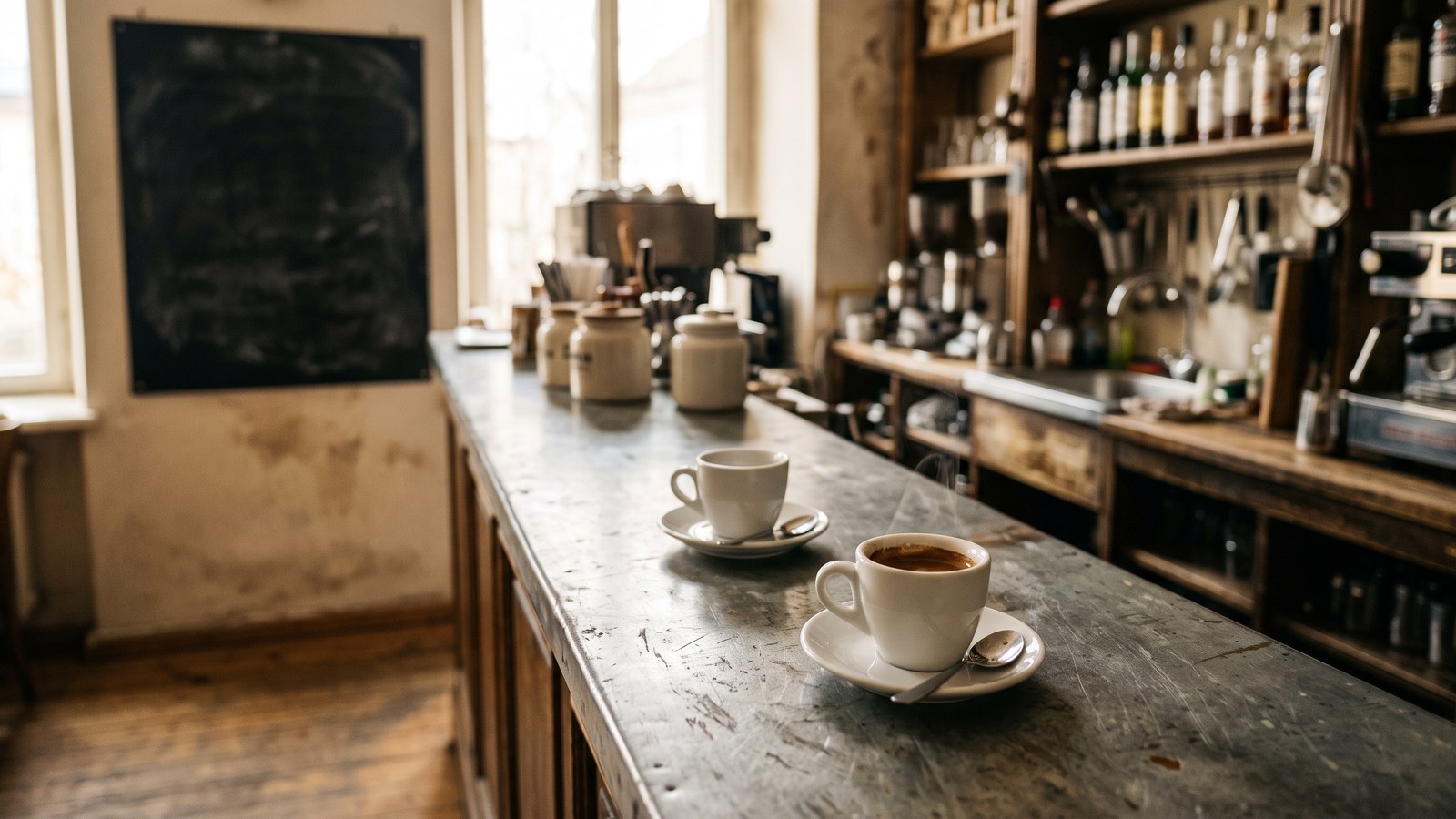 A worn zinc-topped bar counter in soft morning light, with two small white cups and saucers in the foreground — one holding a dark steaming drink — and a blank, illegible chalkboard menu blurred on the wall behind.