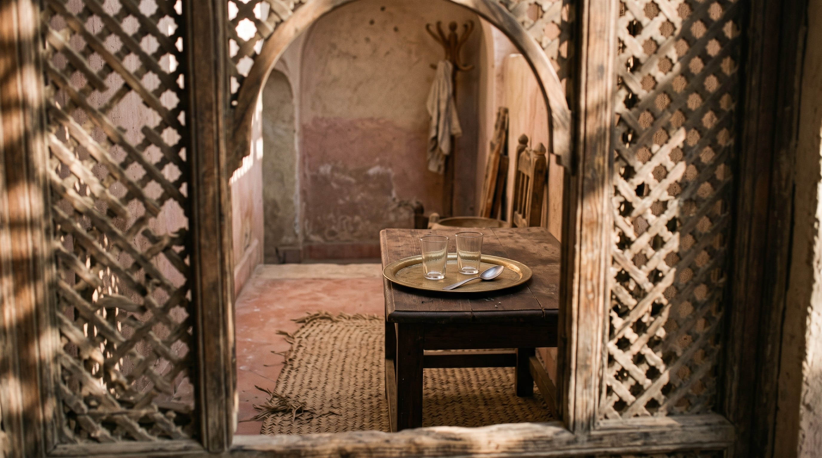 A brass tray holding two small empty glass cups and a spoon, seen through a wooden mashrabiya lattice screen casting dappled shadow across a home entryway table