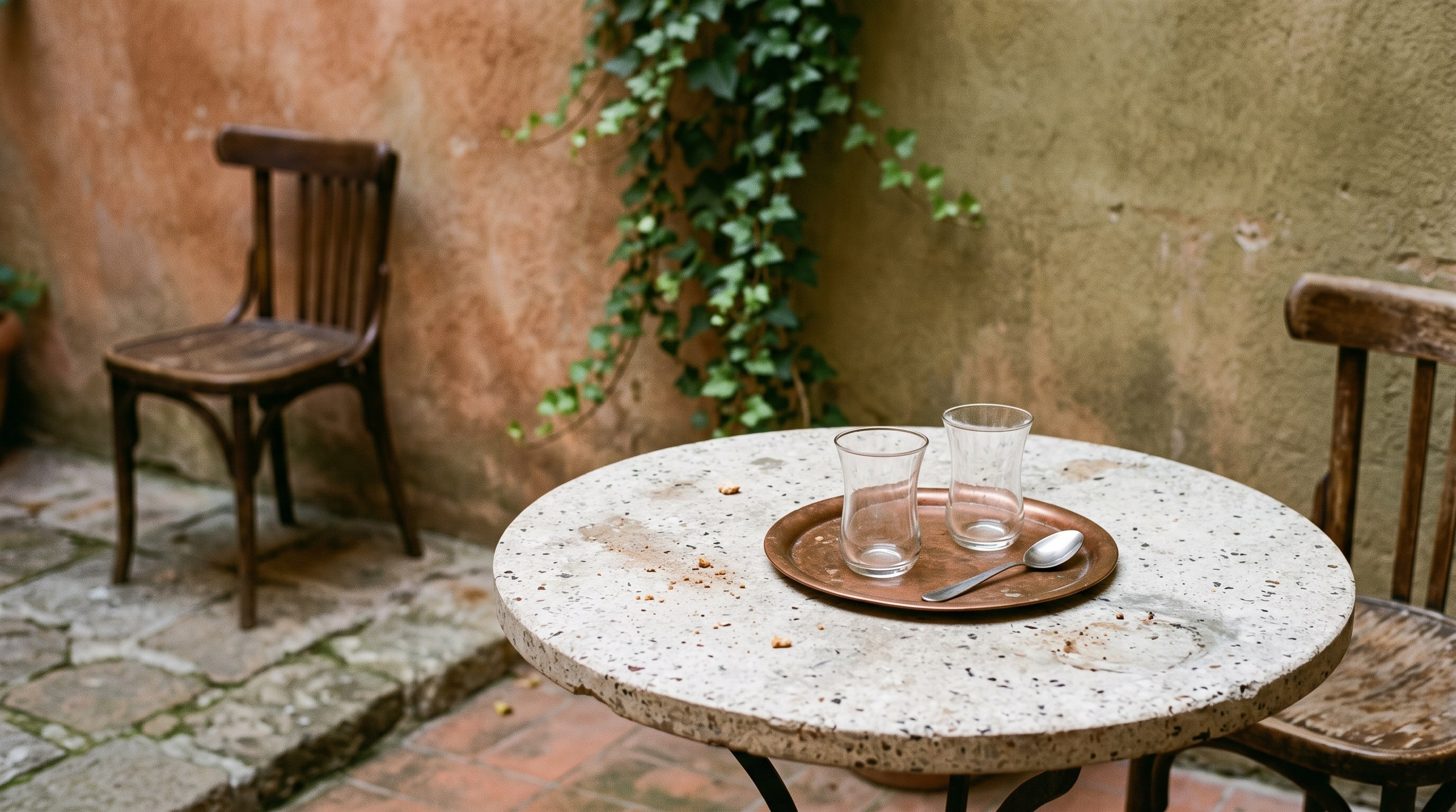 A round terrazzo table in a sunlit stone courtyard, holding a copper tray with two small empty glass tea cups and a spoon, weathered plaster walls and trailing ivy in the background, two wooden cafe chairs nearby