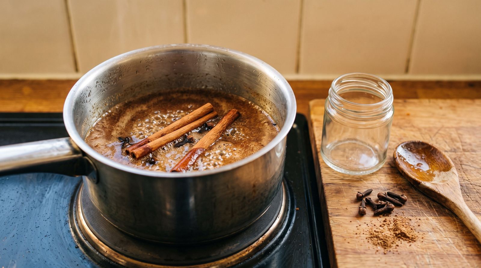 A small stainless steel saucepan on a stovetop with a thin cinnamon-colored syrup gently simmering, two cinnamon sticks and a few whole cloves visible at the surface, a small empty unlabeled glass jar and a wooden spoon on a wood cutting board beside it, warm autumn window light, bare tiled wall in the background