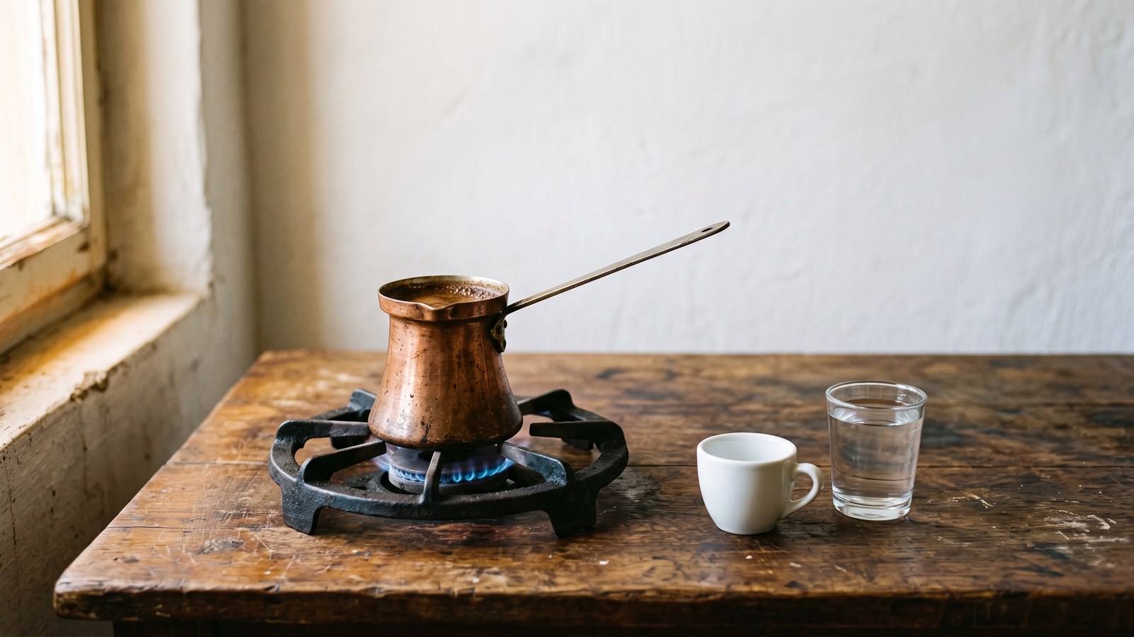 A small long-handled copper pot on a gas burner on a worn wooden table, beside an empty white demitasse cup and a glass of water, in soft window light