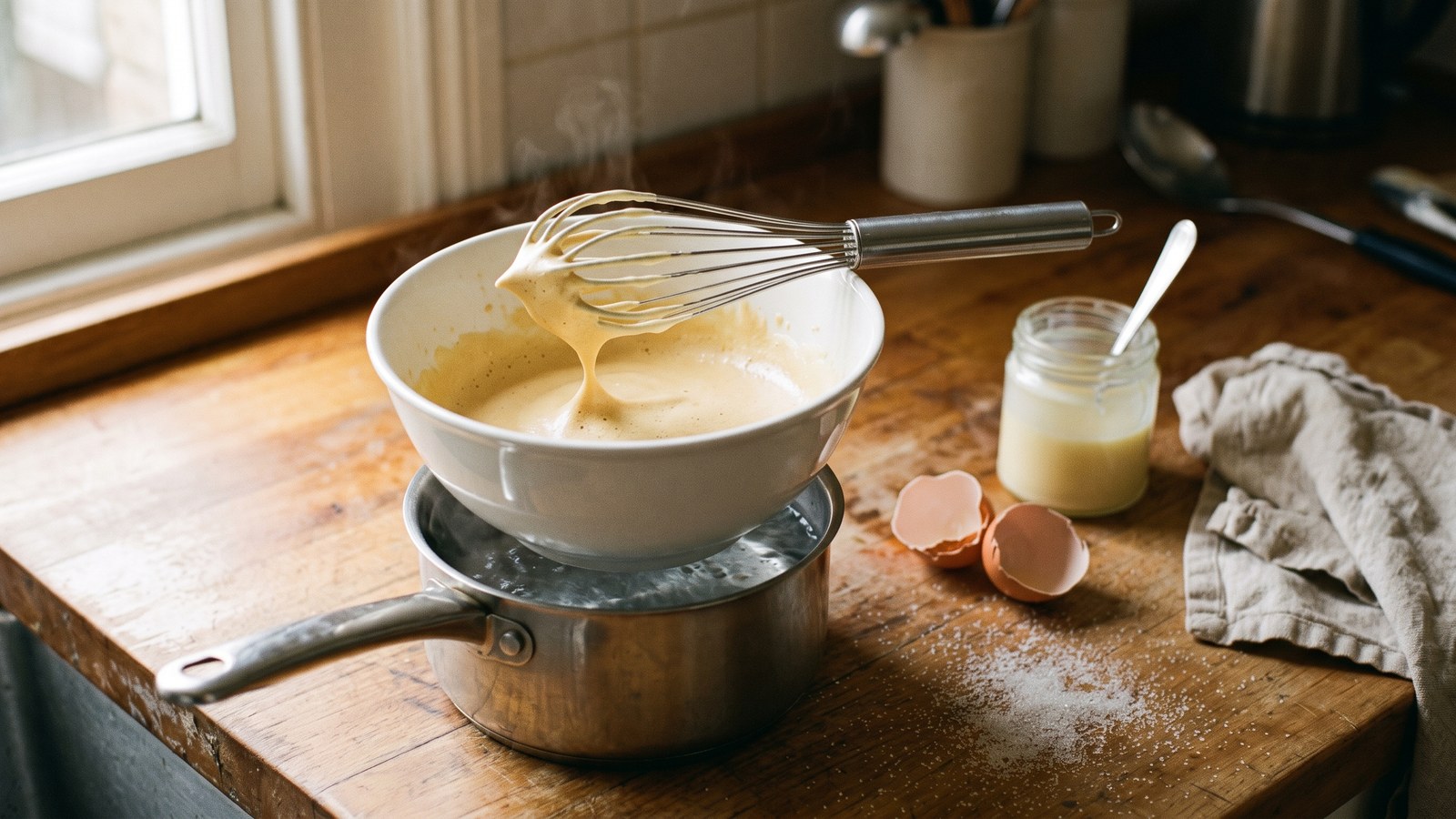 A white ceramic bowl of thick pale golden whipped foam set over a small steaming saucepan of water on a wooden counter, a whisk resting across the rim with foam dripping from its wires, two empty brown eggshell halves and a small jar of condensed milk with a spoon nearby