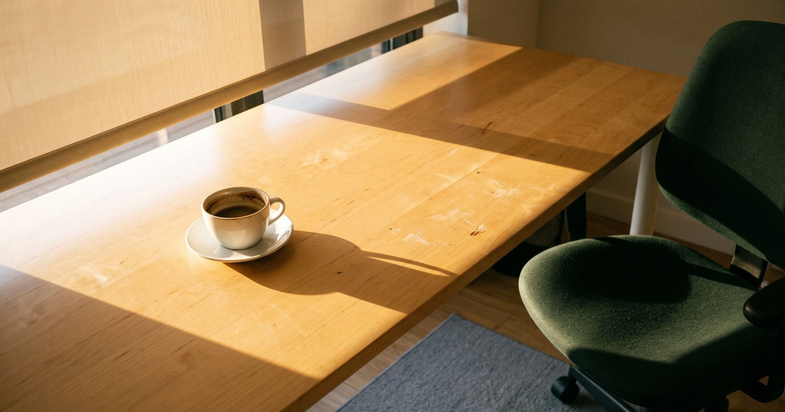 A pale birch desk raked by hot low afternoon sun coming in under a half-lowered beige blind, throwing one long hard shadow straight across the bare desktop. A single white cup and saucer holds dark coffee gone cold, a dried brown tide-mark ring up the inside. A dark green task chair is shoved back and empty, turned slightly away.