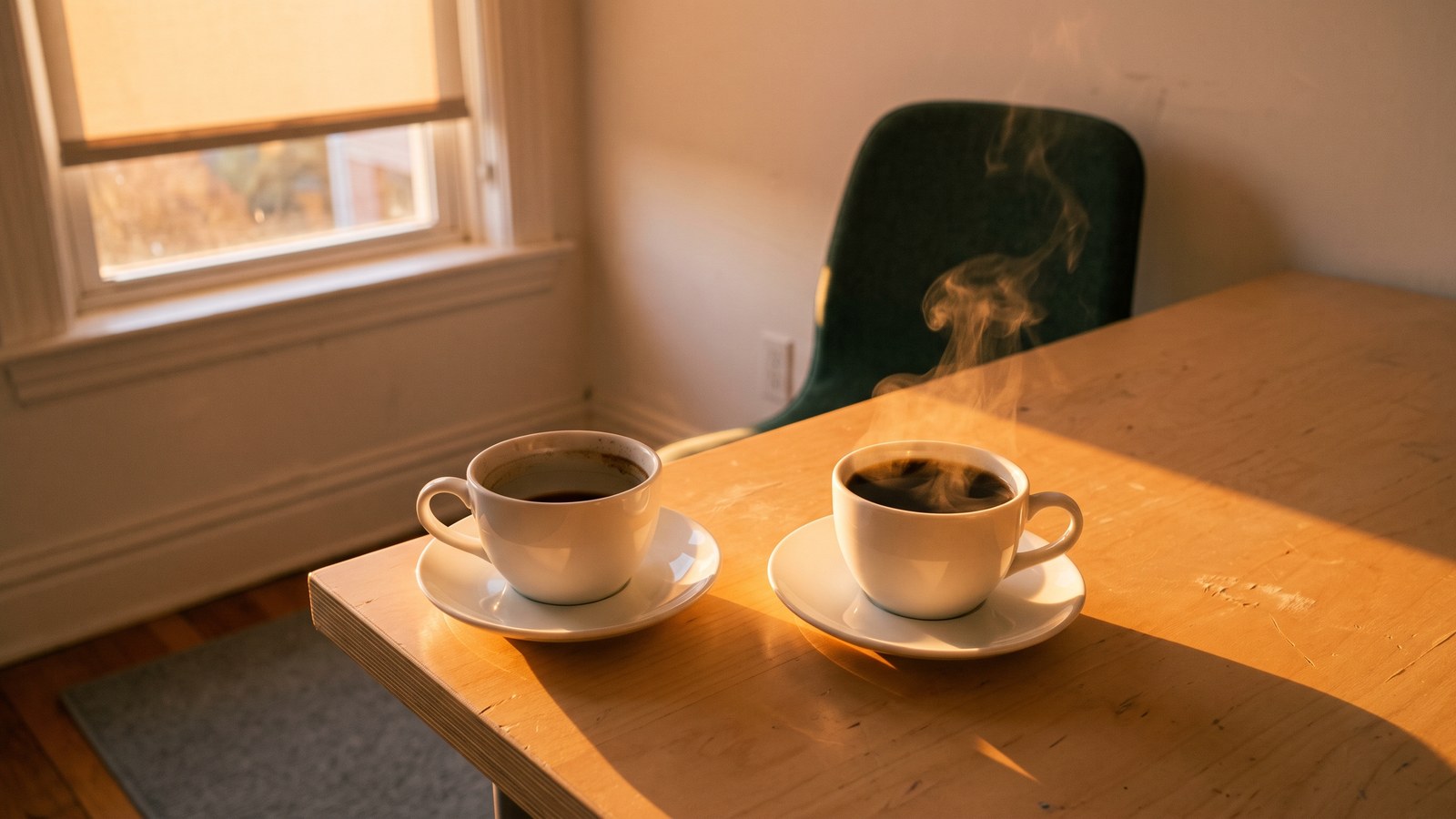 The same birch desk an hour later, shadows longer and more orange. Two identical white cups on saucers stand side by side: the first cold and abandoned with a dark half-inch left in the bottom, the second filled to the brim with fresh dark coffee and steaming visibly into the low sun. Nothing else is on the desk.