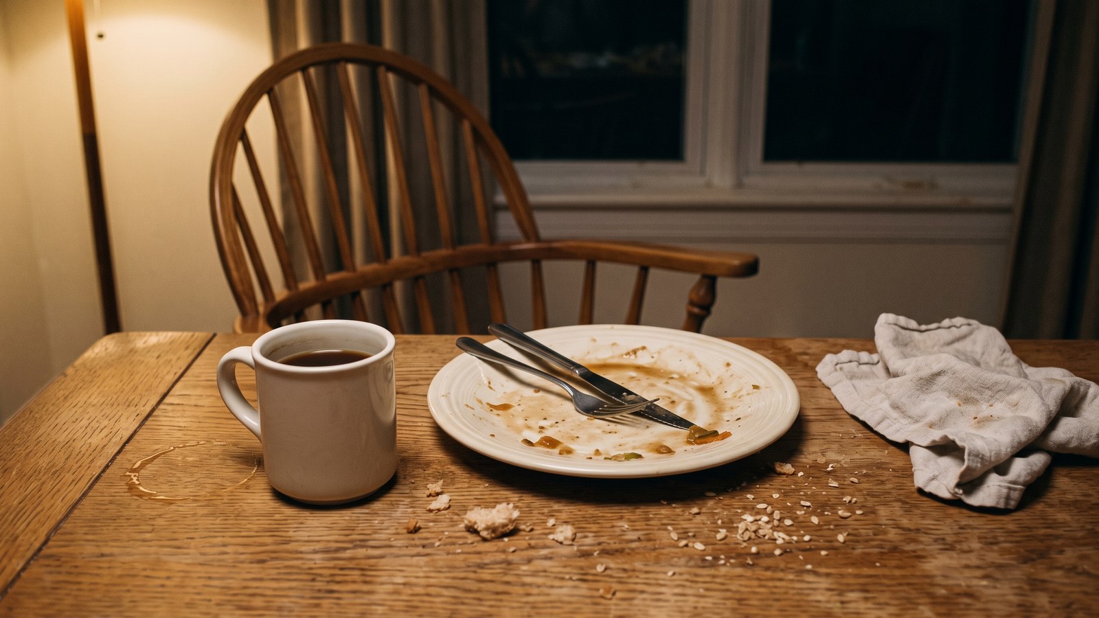 A worn oak dining table after an evening meal, lit by a single warm lamp. A plate pushed back with cutlery across it, crumbs on the wood, a folded cloth napkin, and a plain cream mug of dark brown drink beside it. An empty chair pulled out behind.