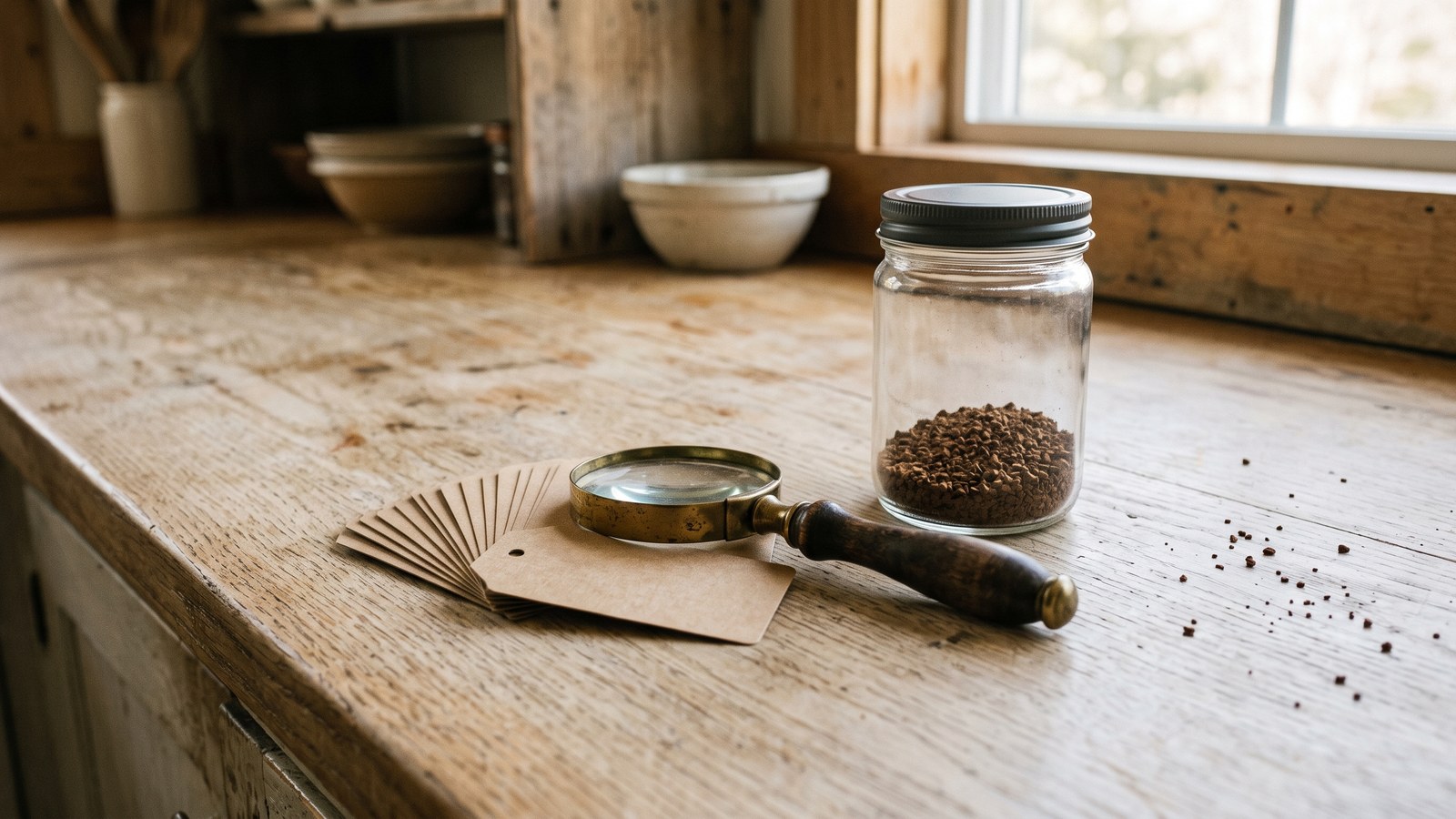 A brass magnifying glass resting on a fanned stack of blank kraft-paper tags beside a plain unmarked glass jar of dark roasted granules, on a worn pale oak counter in soft morning light.