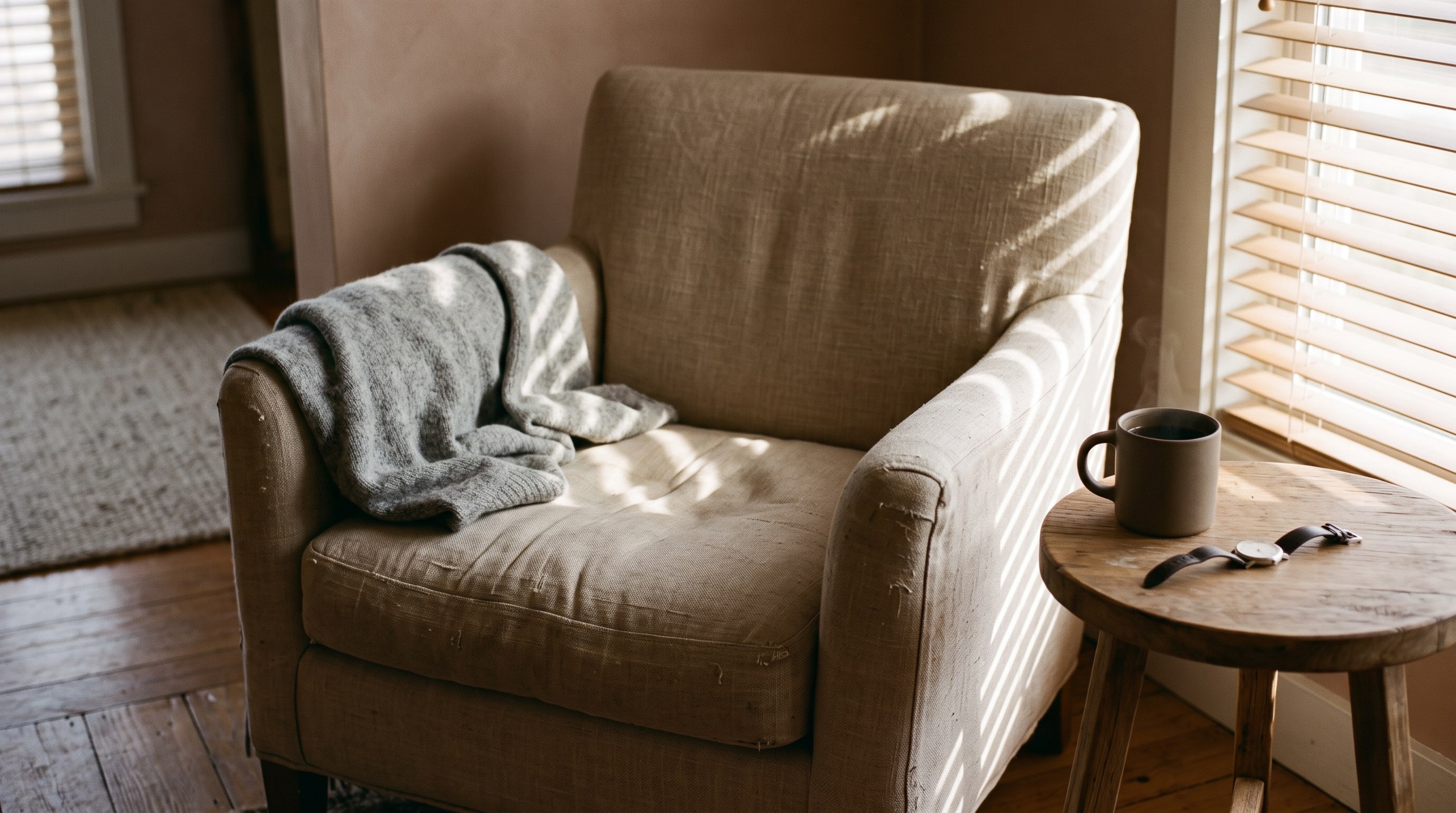 A worn linen armchair in a sunlit living-room corner, empty, with a grey wool blanket half-folded over one arm. A side table beside it holds a plain ceramic mug with a wisp of steam still rising, and a wristwatch resting face-down.