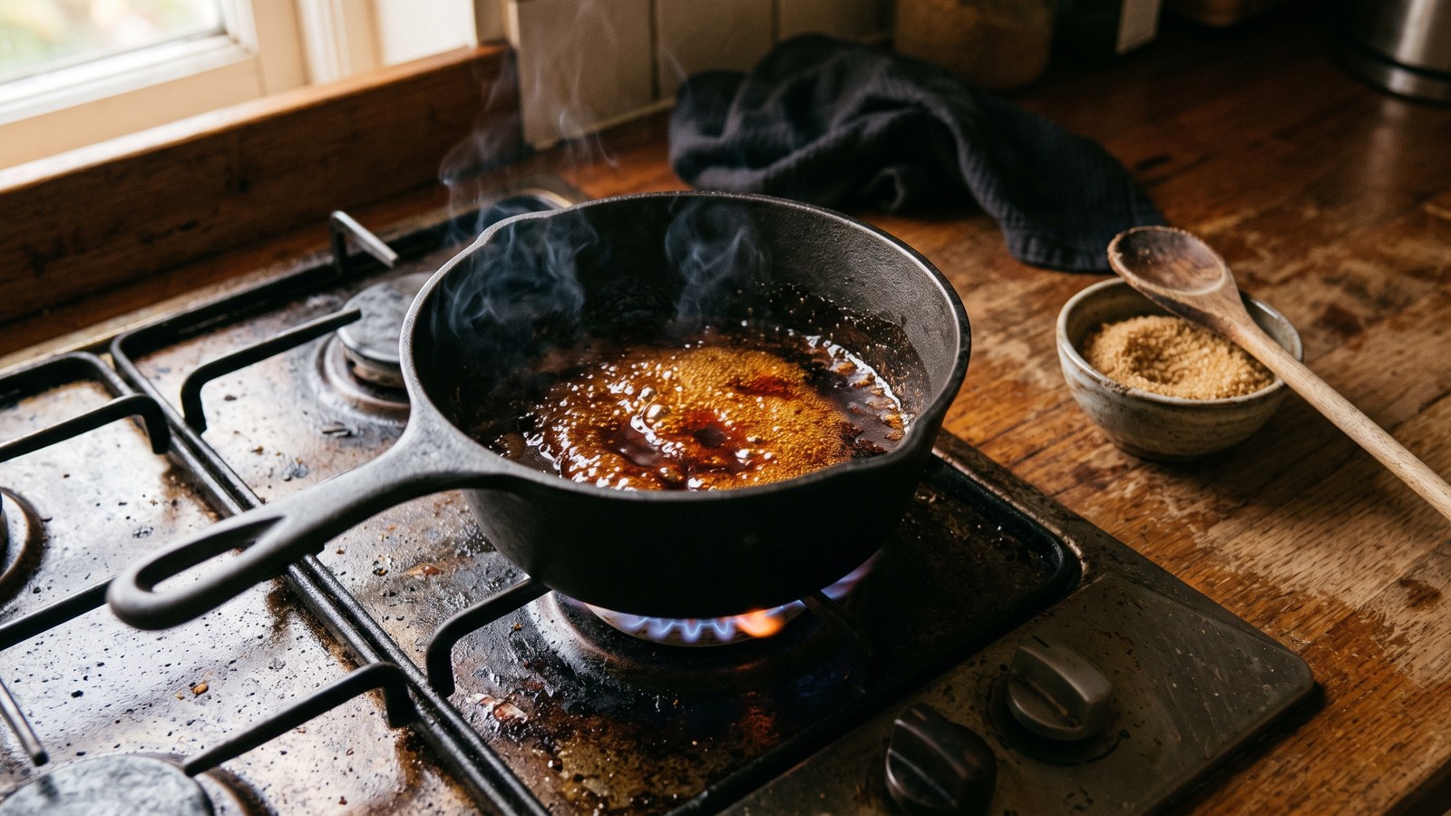 A heavy dark pot on a lit gas burner holding a small pool of oil with sugar mid-caramelization, a deep amber-brown syrup darkening toward the edges, faint smoke rising, no meat in the pot yet, a small unmarked bowl of raw brown sugar and a wooden spoon resting on the counter nearby