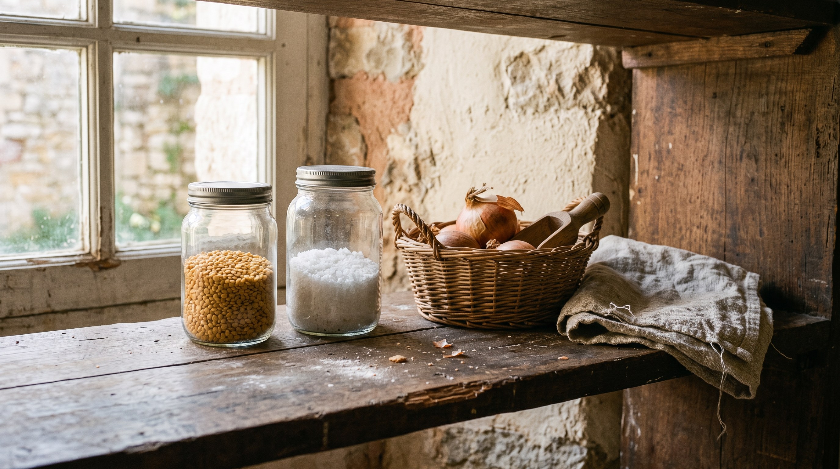 A rustic pantry shelf beside a window, holding two plain unmarked glass jars with metal lids, a wicker basket of onions and a wooden scoop, and a folded linen cloth, in soft morning light.