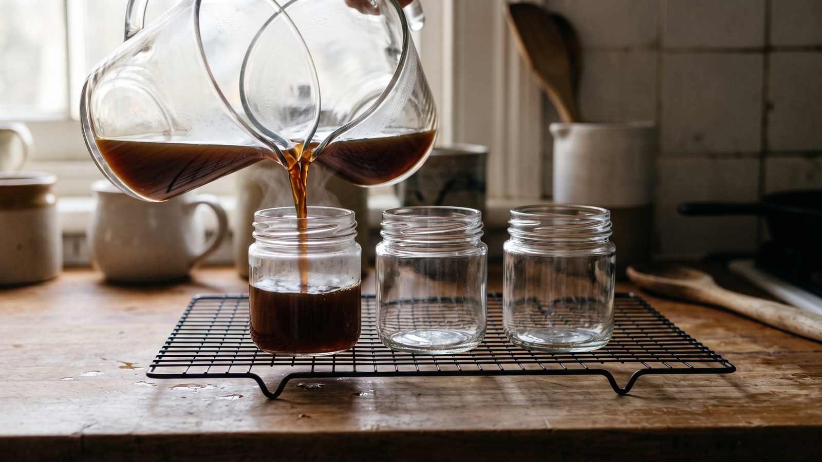 A glass carafe pouring dark brewed liquid into a row of small plain glass jars lined up on a wire cooling rack, steam rising, morning light on a worn wooden counter, plain ceramic crocks and a wooden spoon blurred in the background