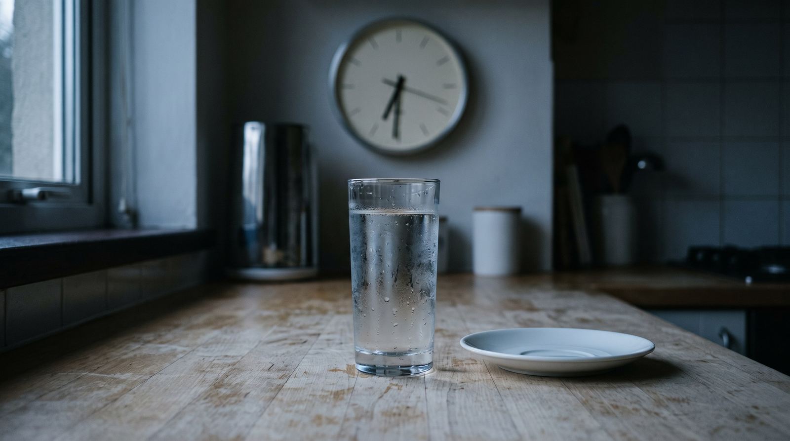 A plain glass of water on a kitchen counter in early morning light, beside an empty saucer, with an analog clock visible in the background and no mug or cup anywhere in frame