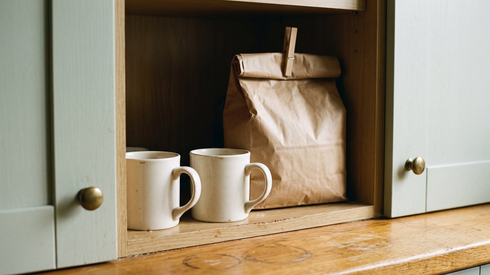 An open kitchen cupboard seen from close range. A large blank kraft paper sack, rolled shut and clipped, sits slumped at the back of the shelf behind two plain cream mugs, fading into shadow.