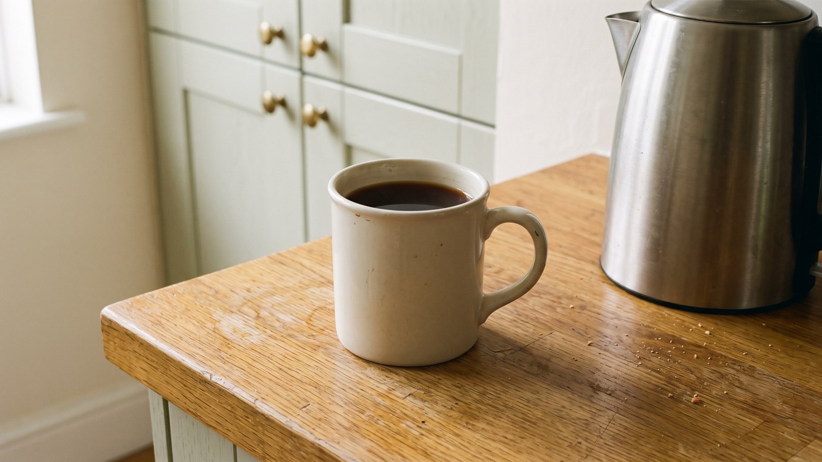 A plain cream mug of dark brown coffee-like drink on a worn oak kitchen counter beside an unmarked steel kettle, in flat ordinary afternoon daylight, with crumbs and a faint water ring on the wood.