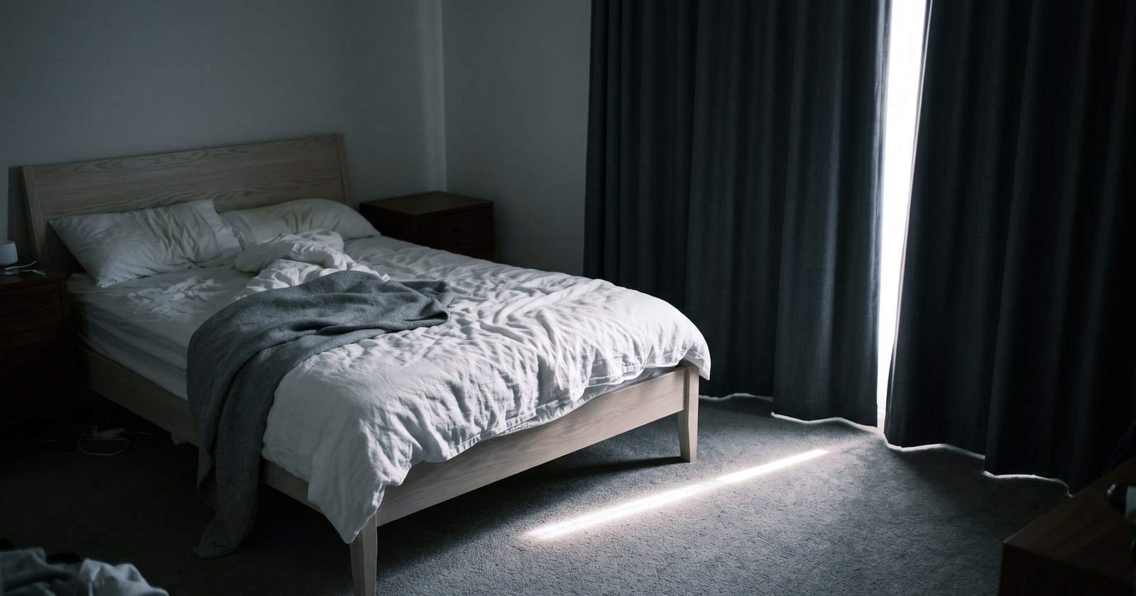 A bedroom sealed for daytime sleeping, nearly night-dark. A double bed with white linen and a grey wool blanket sits off to the left, duvet thrown back on one side. Heavy charcoal blackout curtains cover the window on the right, but a thin rim of fierce white daylight burns around their edge and a blade of it falls across the grey carpet.