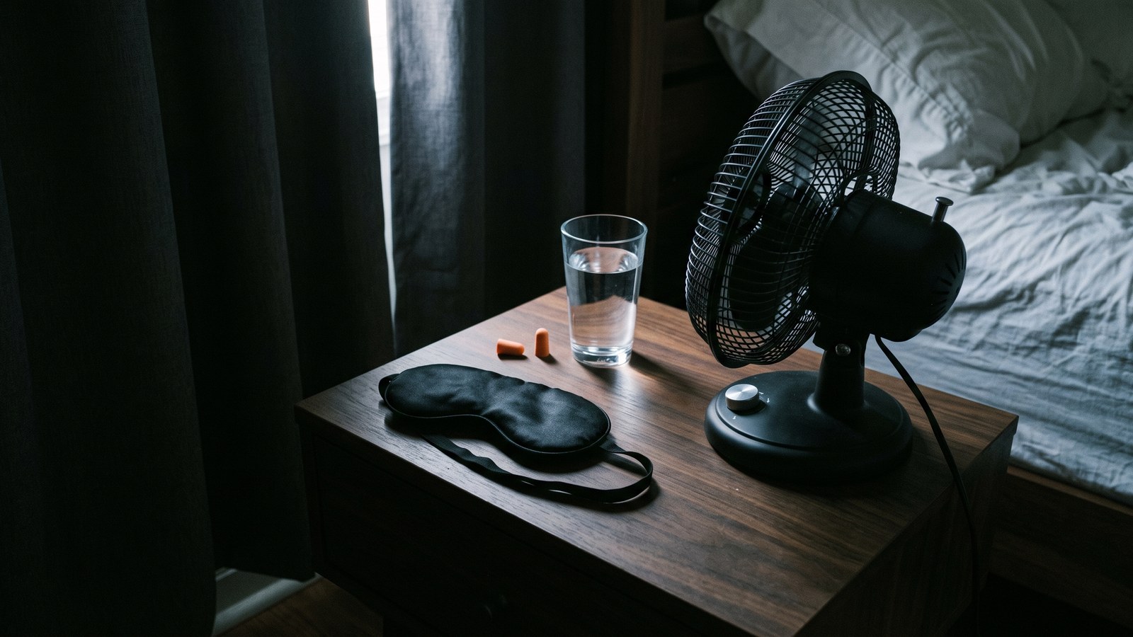 A dark walnut nightstand in a dim sealed bedroom, holding a soft contoured black eye mask, two small orange foam earplugs, a glass of water, and a plain matte-black desk fan turned to face the bed. Daylight leaking past the curtain edge catches the glass and the curve of the fan cage; everything else falls away into shadow.