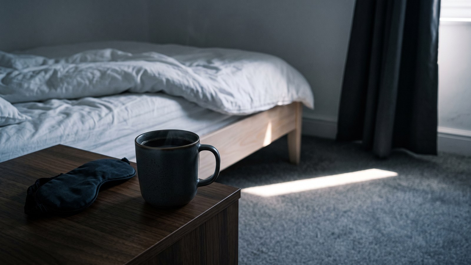 A plain unmarked dark stoneware mug of almost-black brewed drink, faintly steaming, sitting on a walnut nightstand beside a folded eye mask. Behind it a bed with pale ash frame and white linen is turned down, ready and empty. A blade of daylight from the sealed curtain edge lies across the grey carpet in the background, well away from the mug.