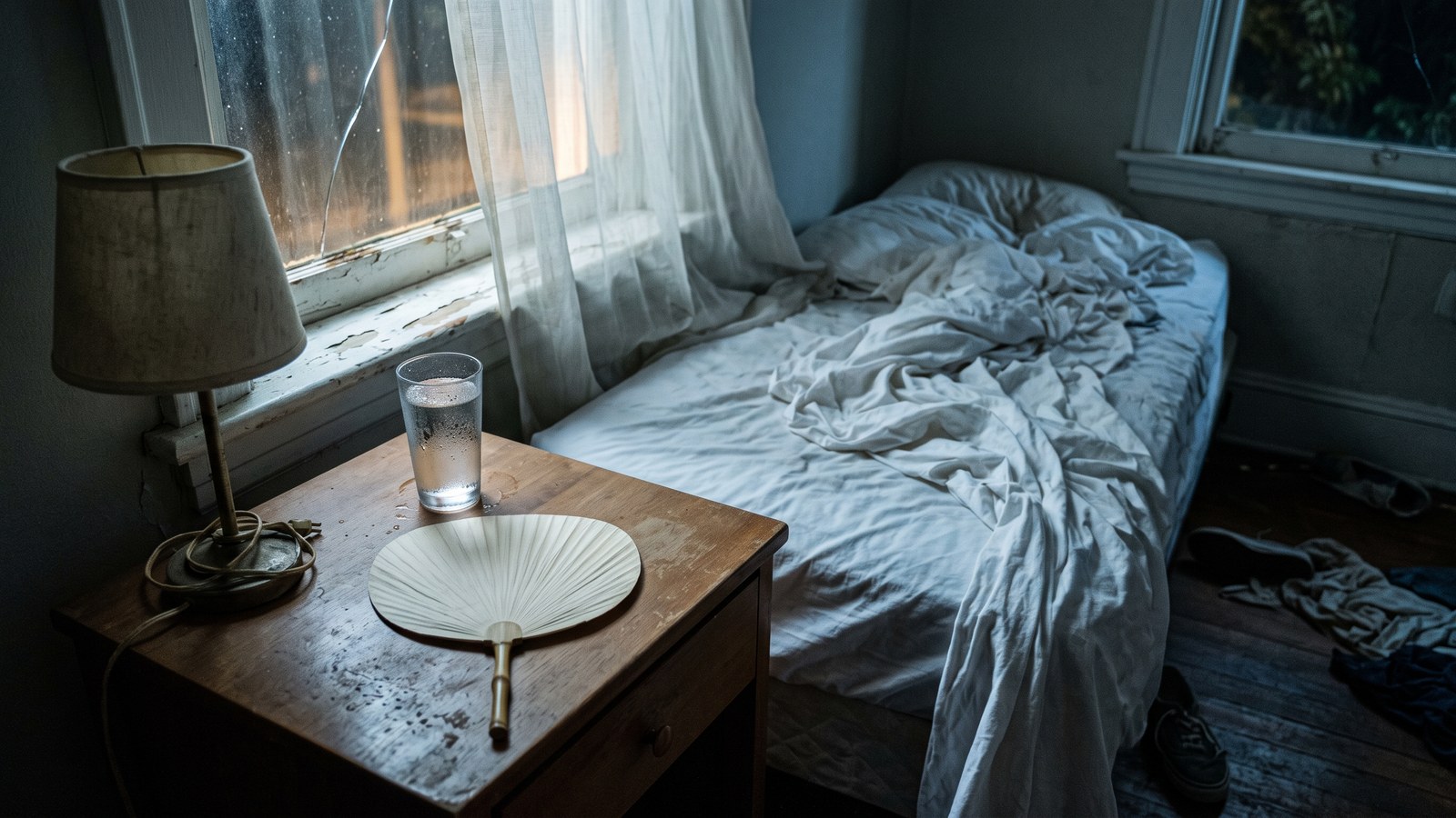A glass of water and a plain paper hand fan on a wooden nightstand beside an unmade bed at night, a sheer curtain drifting at a cracked-open window, moonlight and faint streetlight the only illumination.