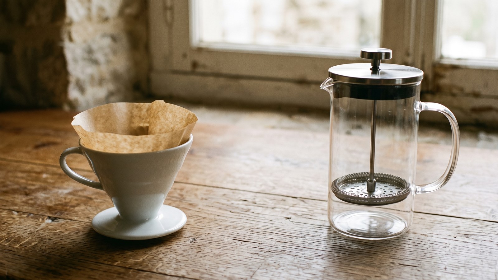 An empty white ceramic pour-over dripper with a used paper filter beside an empty glass French press with its metal mesh plunger, both on a rustic wooden table near a window