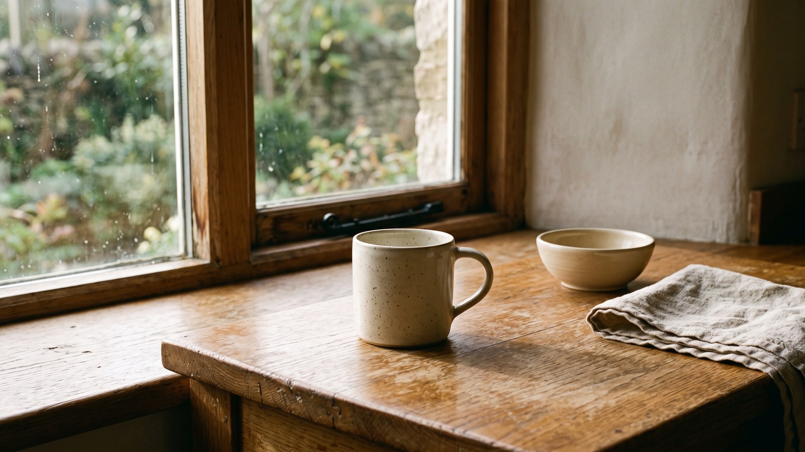 A plain ceramic mug and a small bowl on a sunlit wooden kitchen counter beside a rain-speckled window, with a folded linen towel nearby, no packaging or labels visible.
