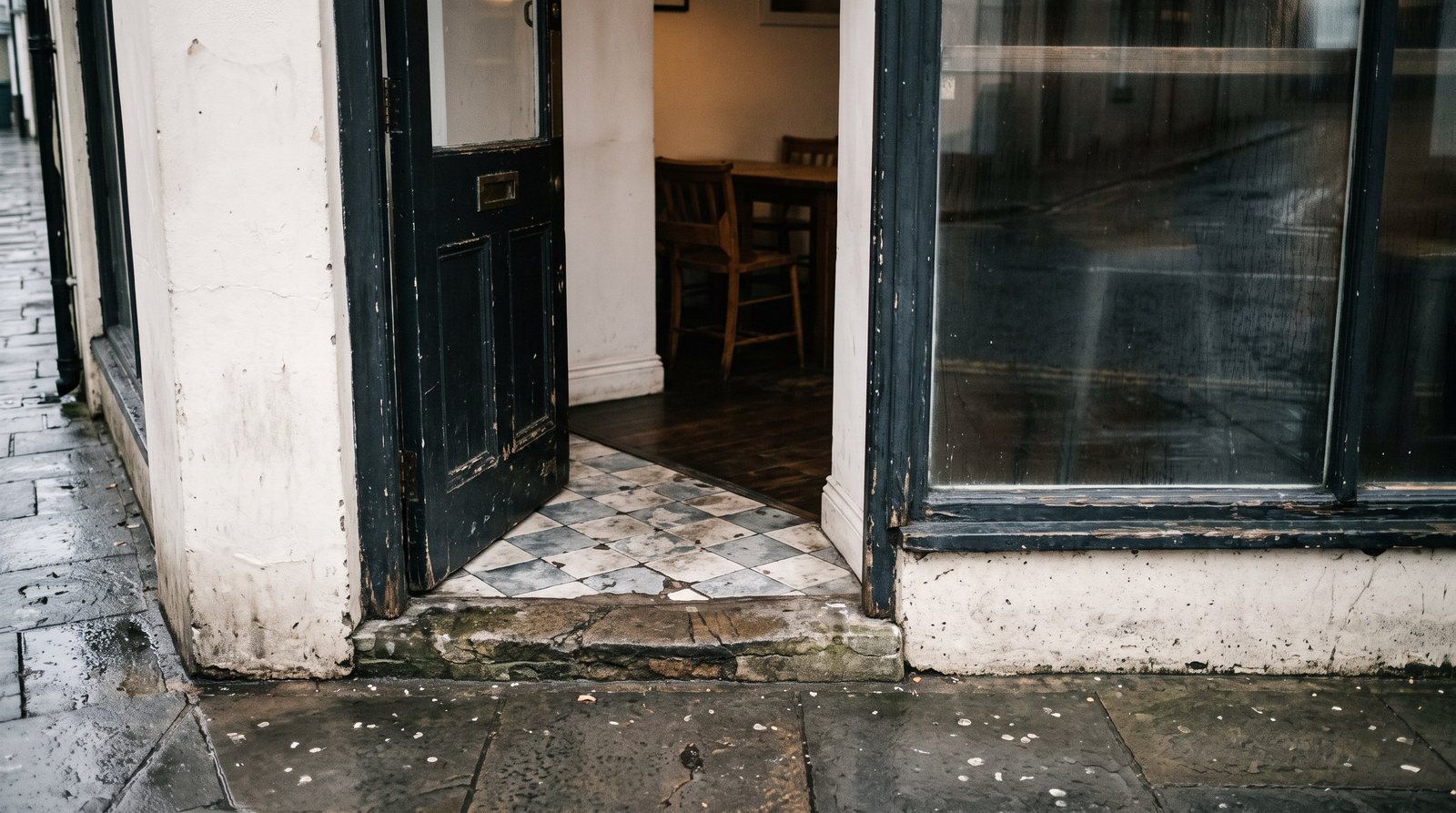 A worn stone doorstep and an open dark-painted door of a small café, photographed from the wet grey pavement outside on an overcast morning, with warmer light and a tiled floor just visible in the gap beyond.