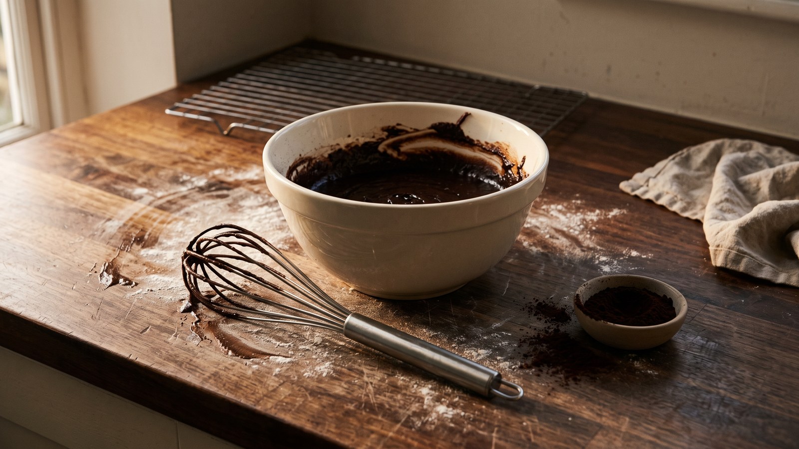 A scratched dark wood kitchen counter dusted with flour in late afternoon light. A plain cream mixing bowl of thick dark chocolate batter, a whisk laid across the wood with batter drying on its wires, a small unglazed dish of fine dark brown powder with a little spilled beside it, and an empty cooling rack at the back.