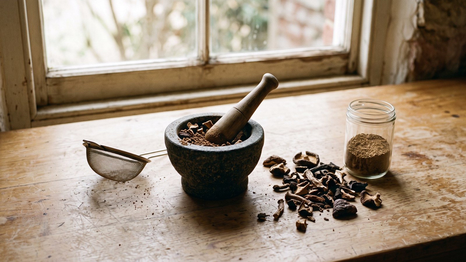 A small stone mortar and pestle on a worn wooden windowsill counter, crushing dried mushroom pieces into powder, with loose dried mushroom fragments and a plain unmarked glass jar of brown powder nearby in soft morning light.