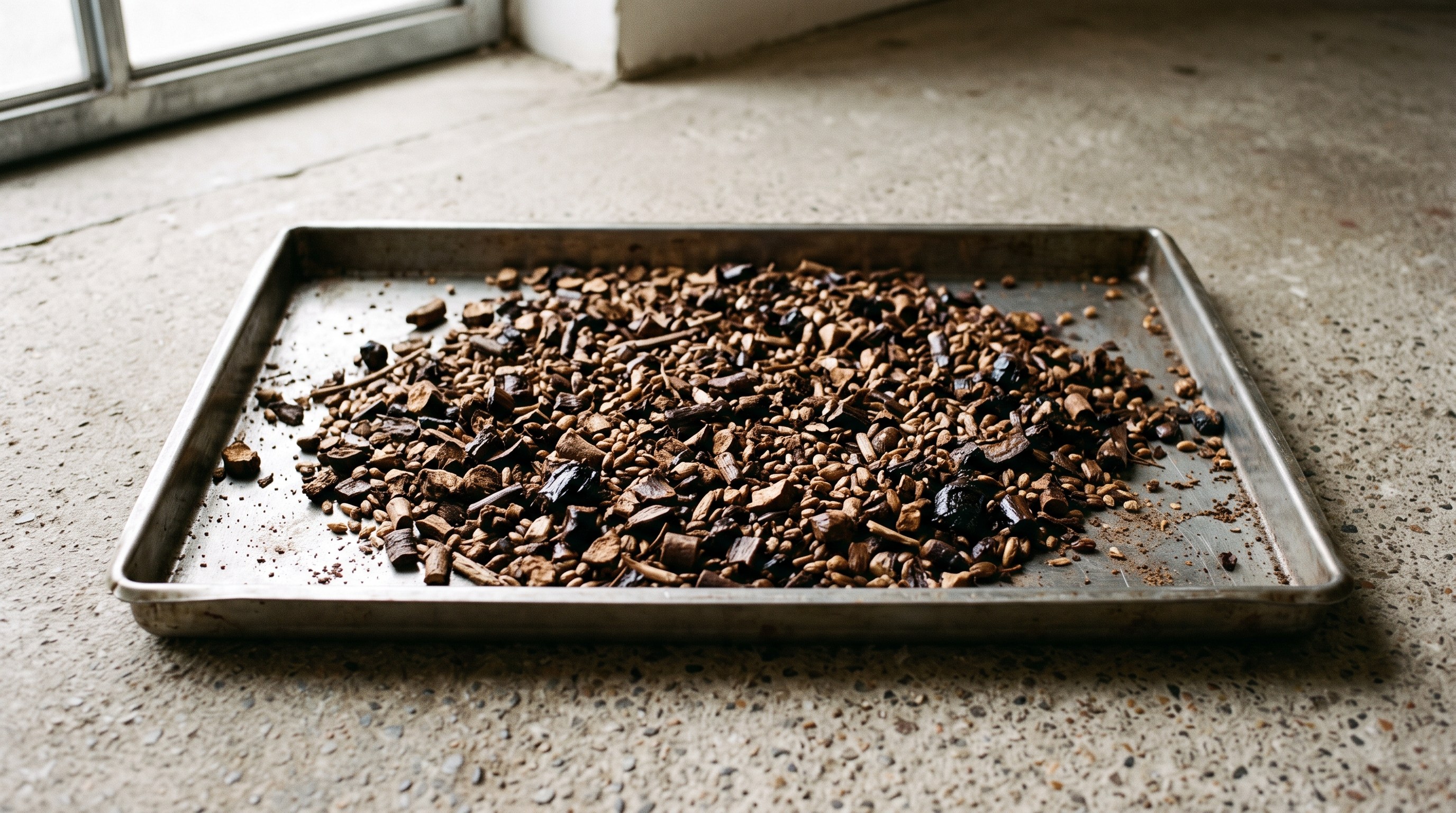 Close-up of a wide steel roasting tray holding a mix of unevenly broken, deeply browned roasted root and grain pieces of different sizes and shades, in an empty roasting room with bare concrete and daylight from a high window