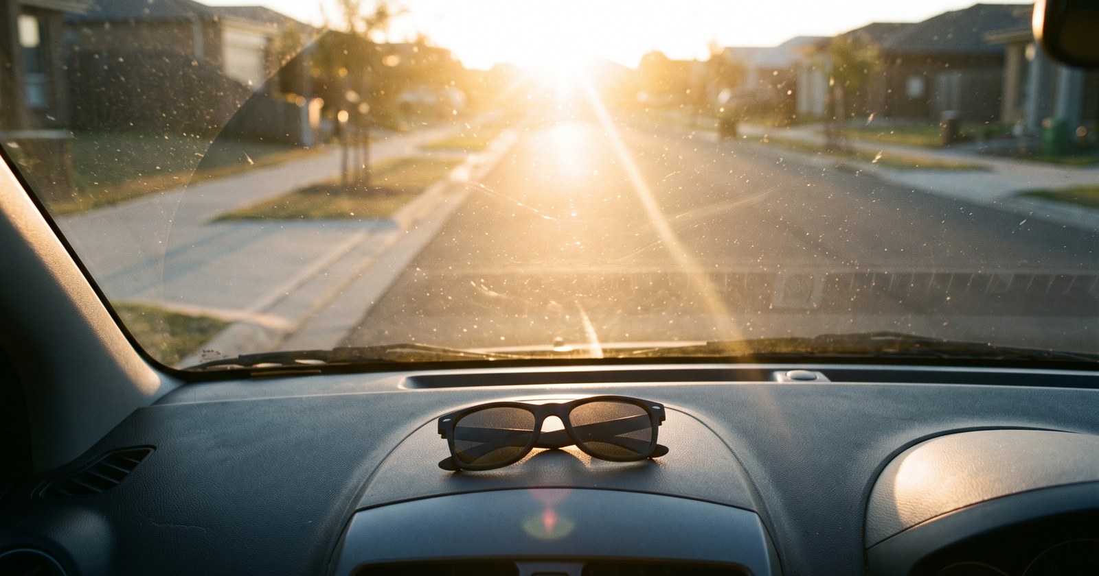 The view from a driver's seat through a dusty windscreen just after seven in the morning. A very low sun sits directly in the empty suburban road ahead, flooding the frame with glare and long streaks of lens flare. A pair of plain dark sunglasses lies folded on the grey plastic dashboard in the foreground, not yet put on.