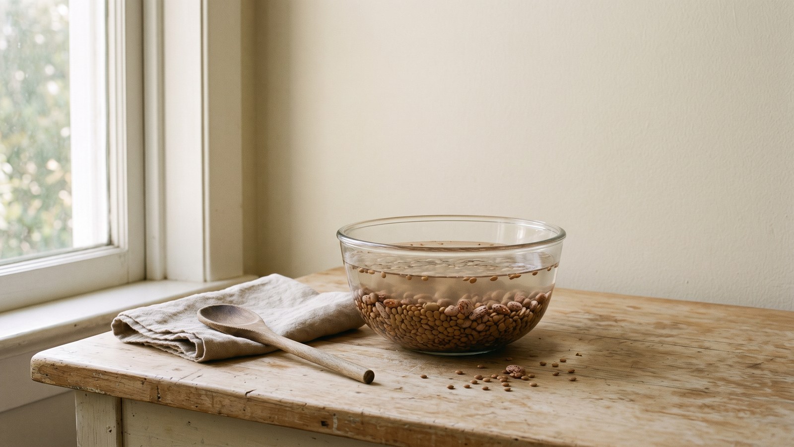 A worn pale wooden kitchen counter at a bare, sunlit window. A plain glass bowl of dried lentils and beans sits soaking in water, beside a folded linen cloth and a wooden spoon, with a few stray beans scattered on the counter.